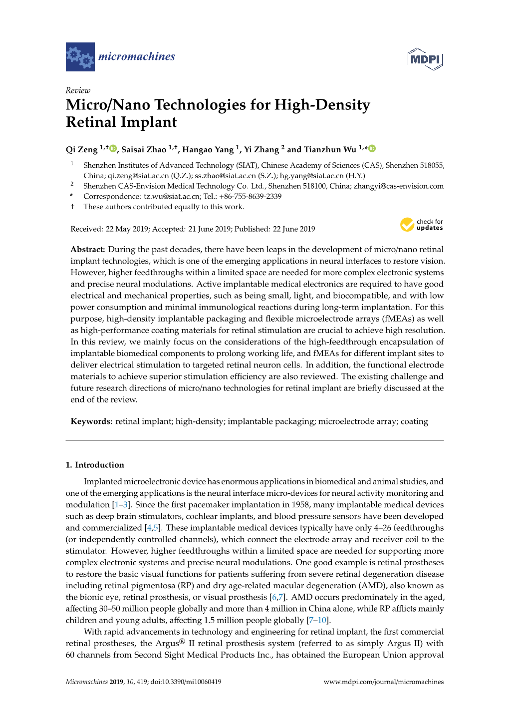 Micro/Nano Technologies for High-Density Retinal Implant