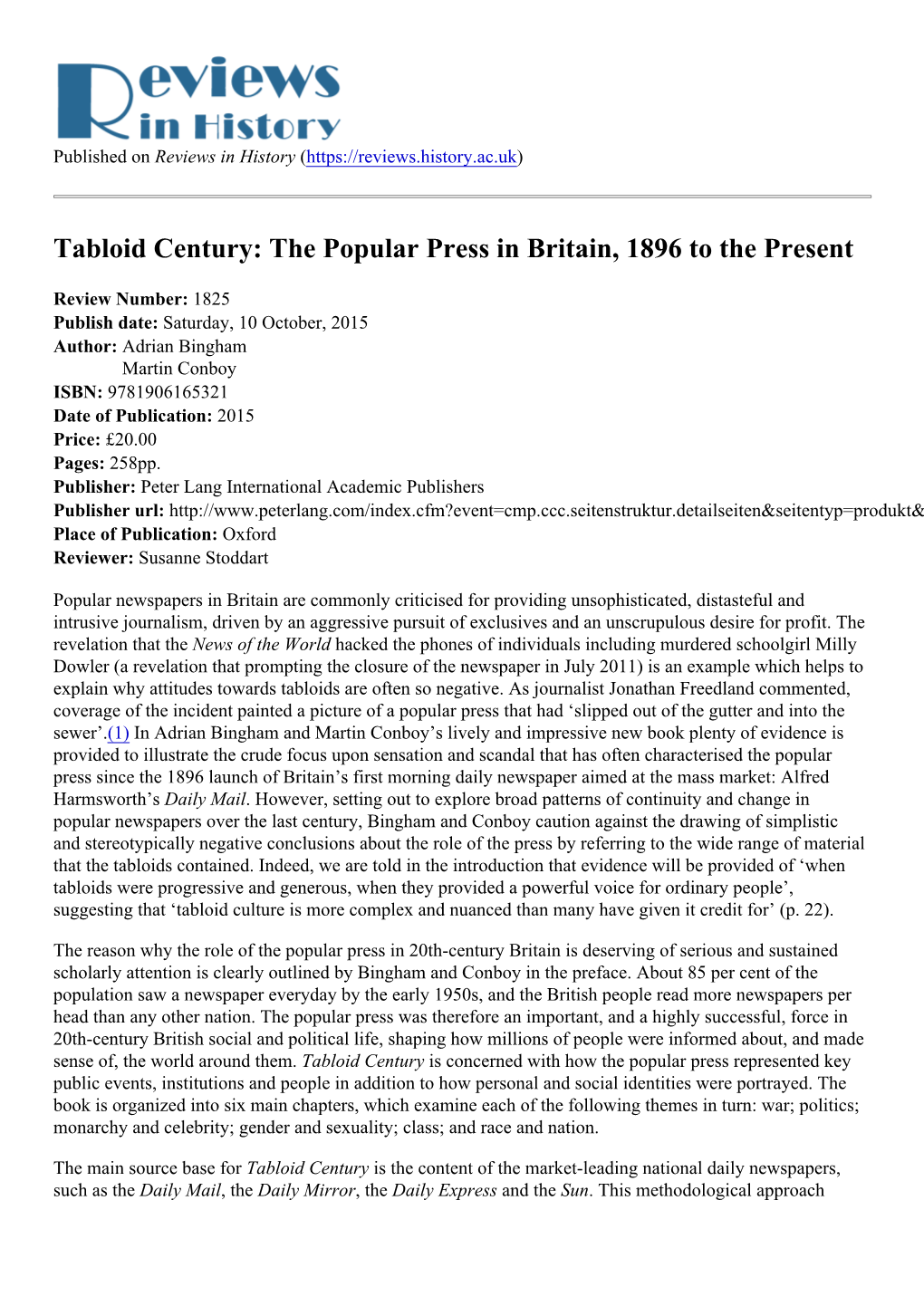 Tabloid Century: the Popular Press in Britain, 1896 to the Present