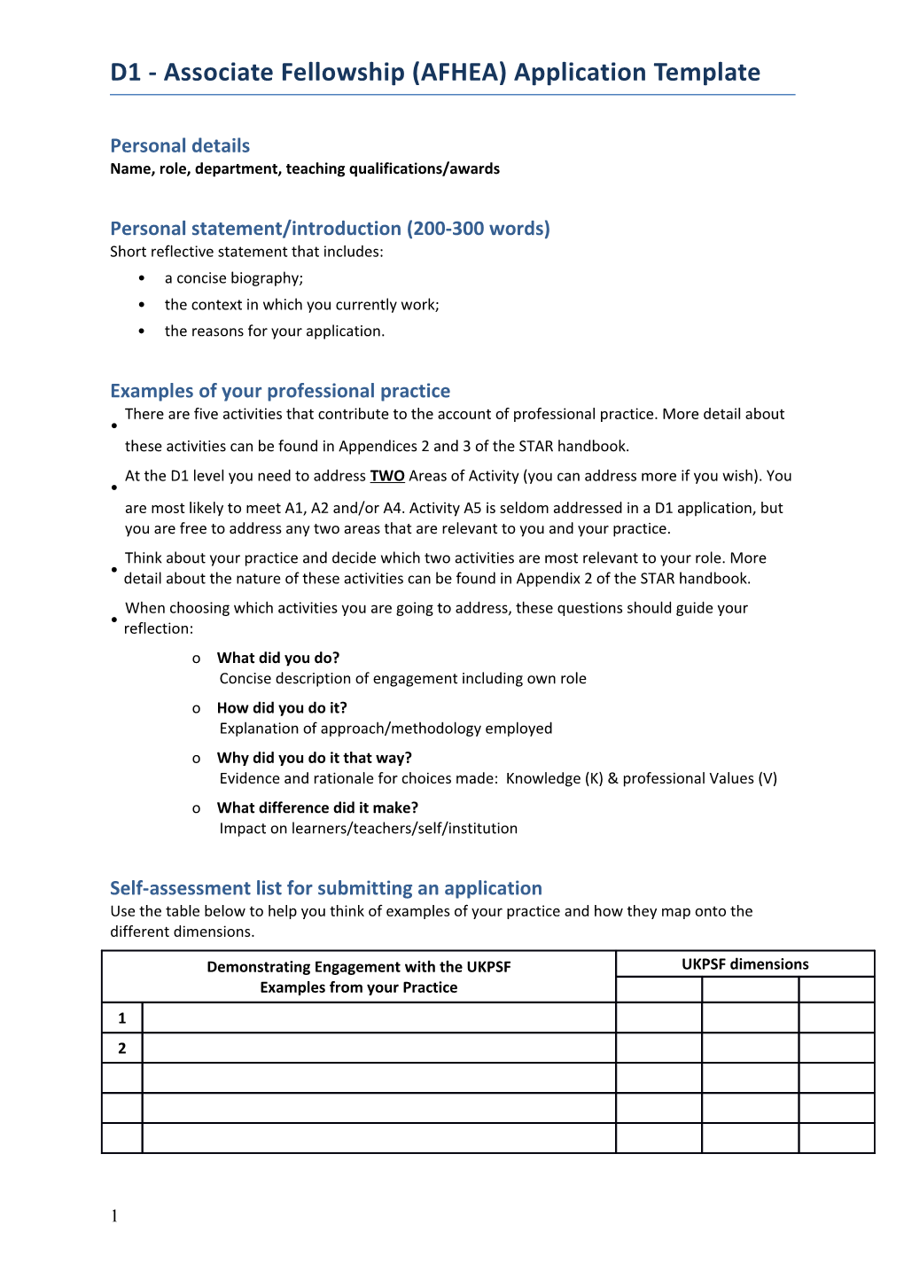 D1 - Associate Fellowship (AFHEA) Application Template