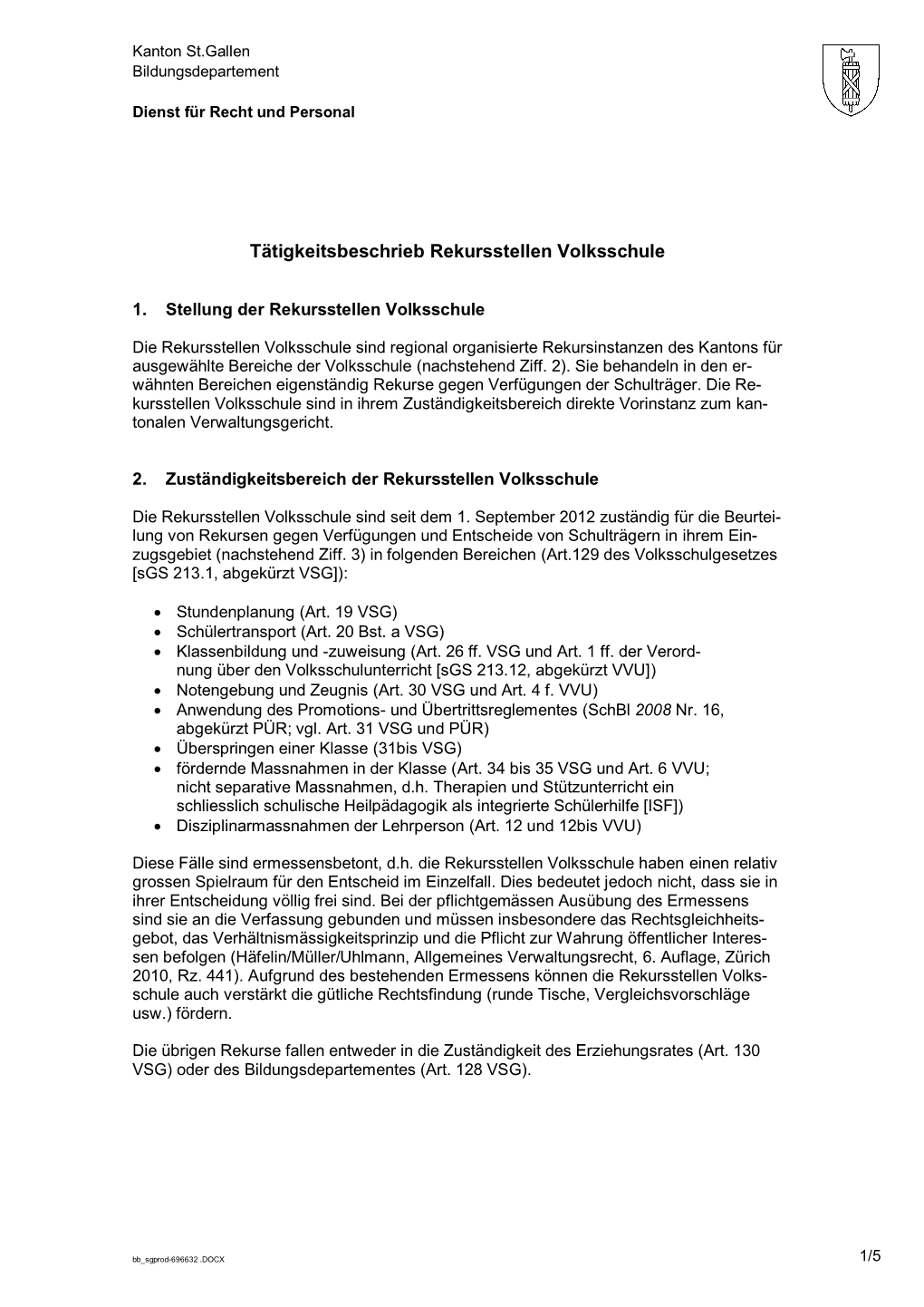 Tätigkeitsbeschrieb Rekursstellen Volksschule