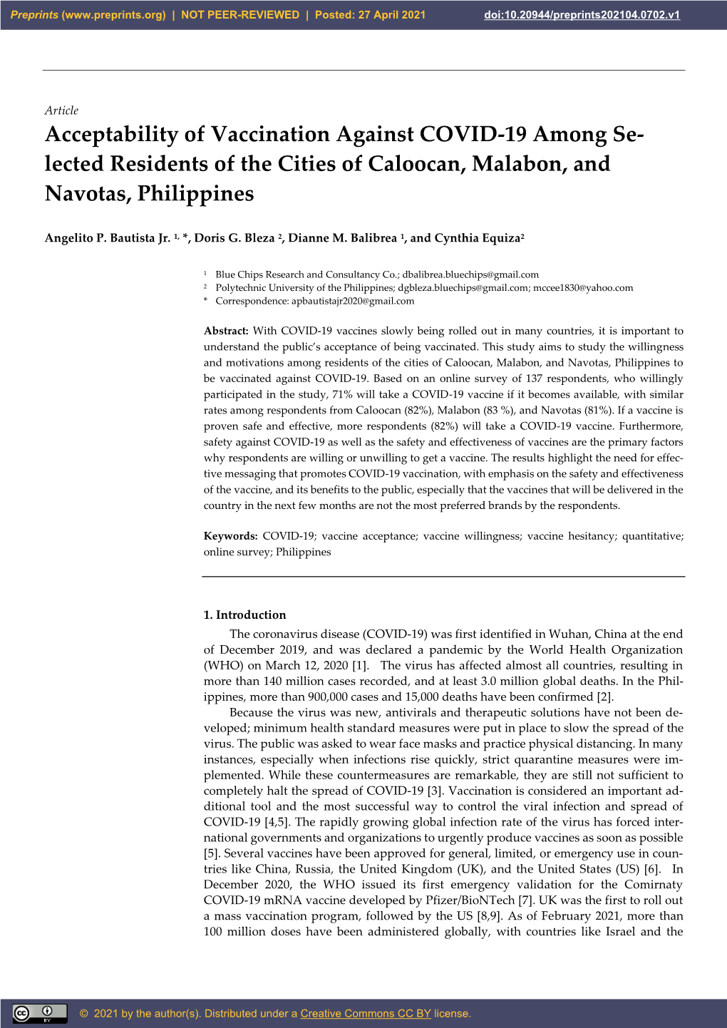 Acceptability of Vaccination Against COVID-19 Among Se- Lected Residents of the Cities of Caloocan, Malabon, and Navotas, Philippines