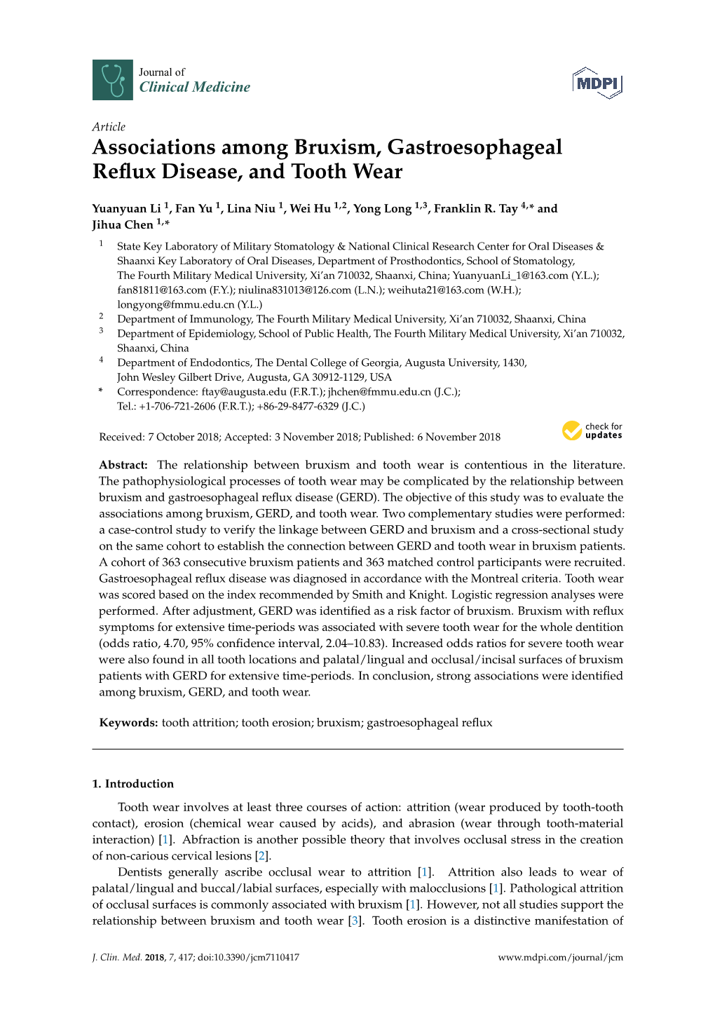 Associations Among Bruxism, Gastroesophageal Reflux Disease