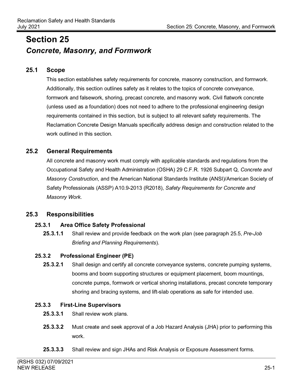 Section 25 – Concrete, Masonry Construction, and Formwork