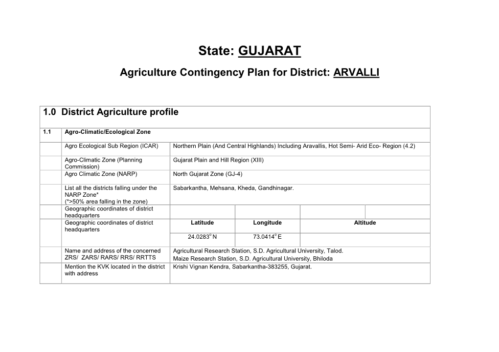 State: GUJARAT Agriculture Contingency Plan for District: ARVALLI