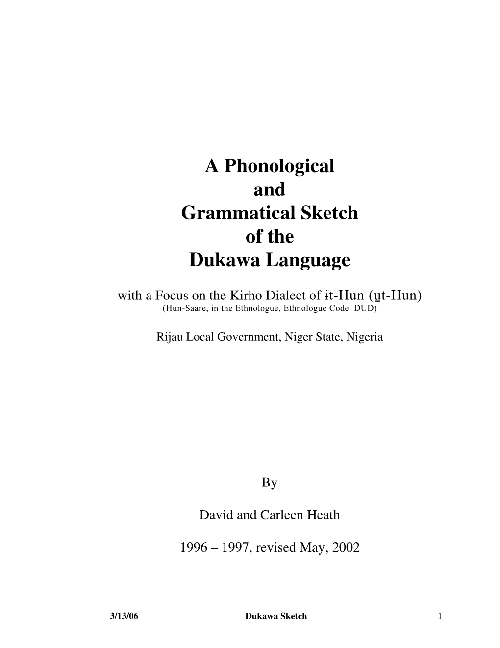 A Phonological and Grammatical Sketch of the Dukawa Language