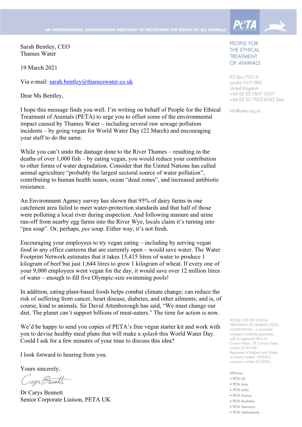 Sarah Bentley, CEO Thames Water 19 March 2021 Via E-Mail