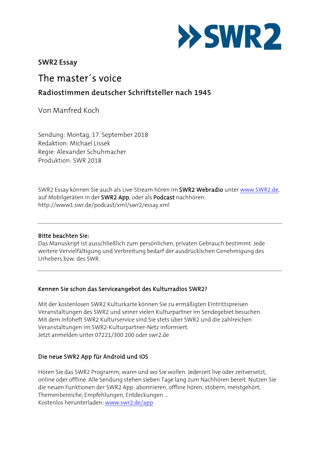 SWR2 Essay the Master´S Voice Radiostimmen Deutscher Schriftsteller Nach 1945