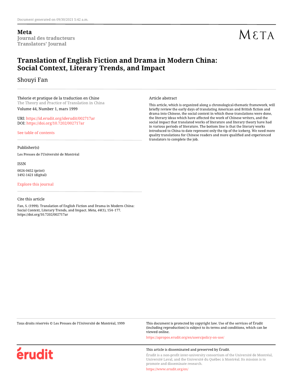 Translation of English Fiction and Drama in Modern China: Social Context, Literary Trends, and Impact Shouyi Fan