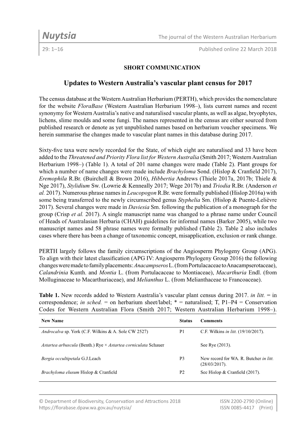 Nuytsia the Journal of the Western Australian Herbarium 29: 1–16 Published Online 22 March 2018