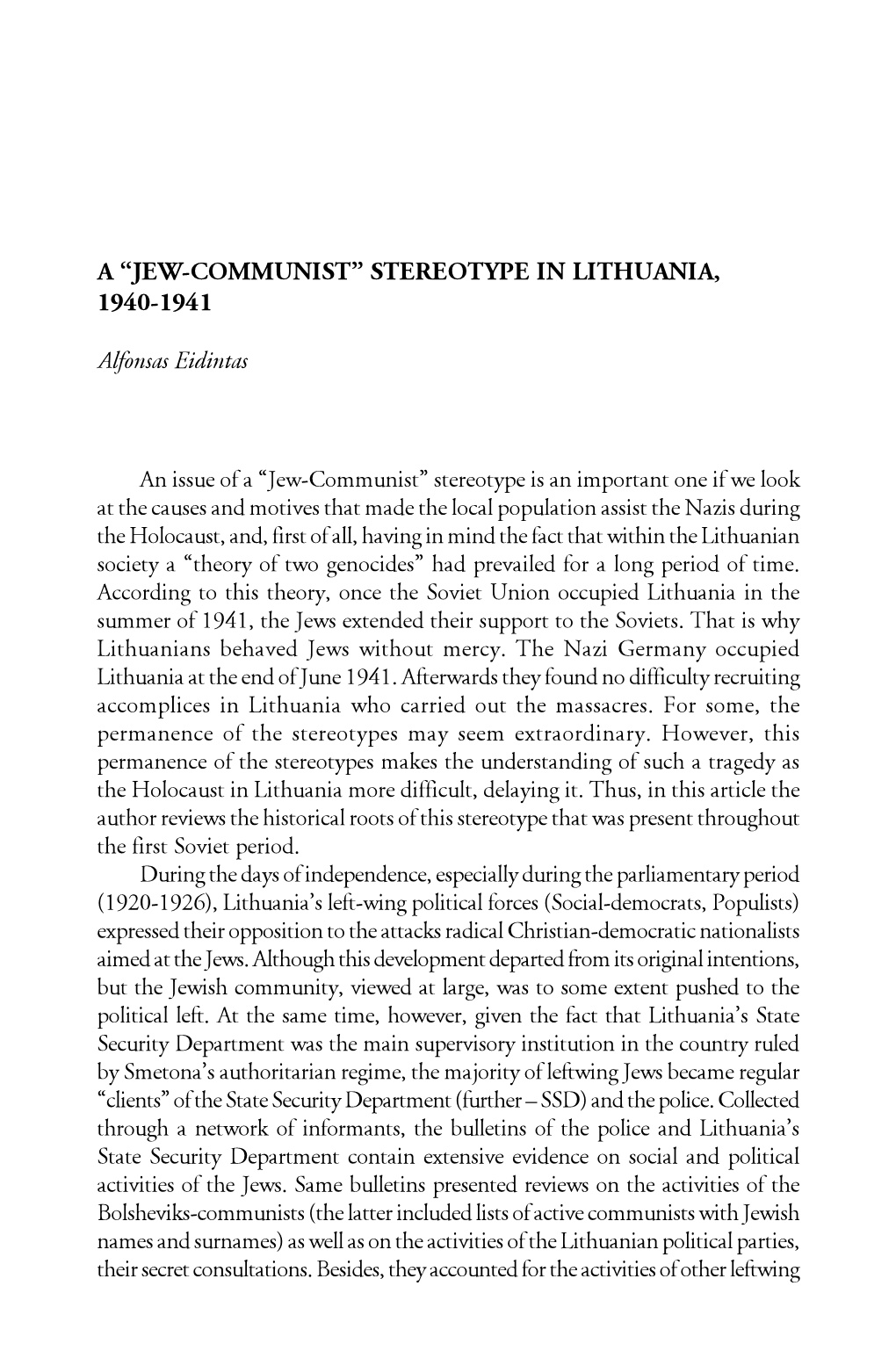 A “Jew-Communist” Stereotype in Lithuania, 1940-1941