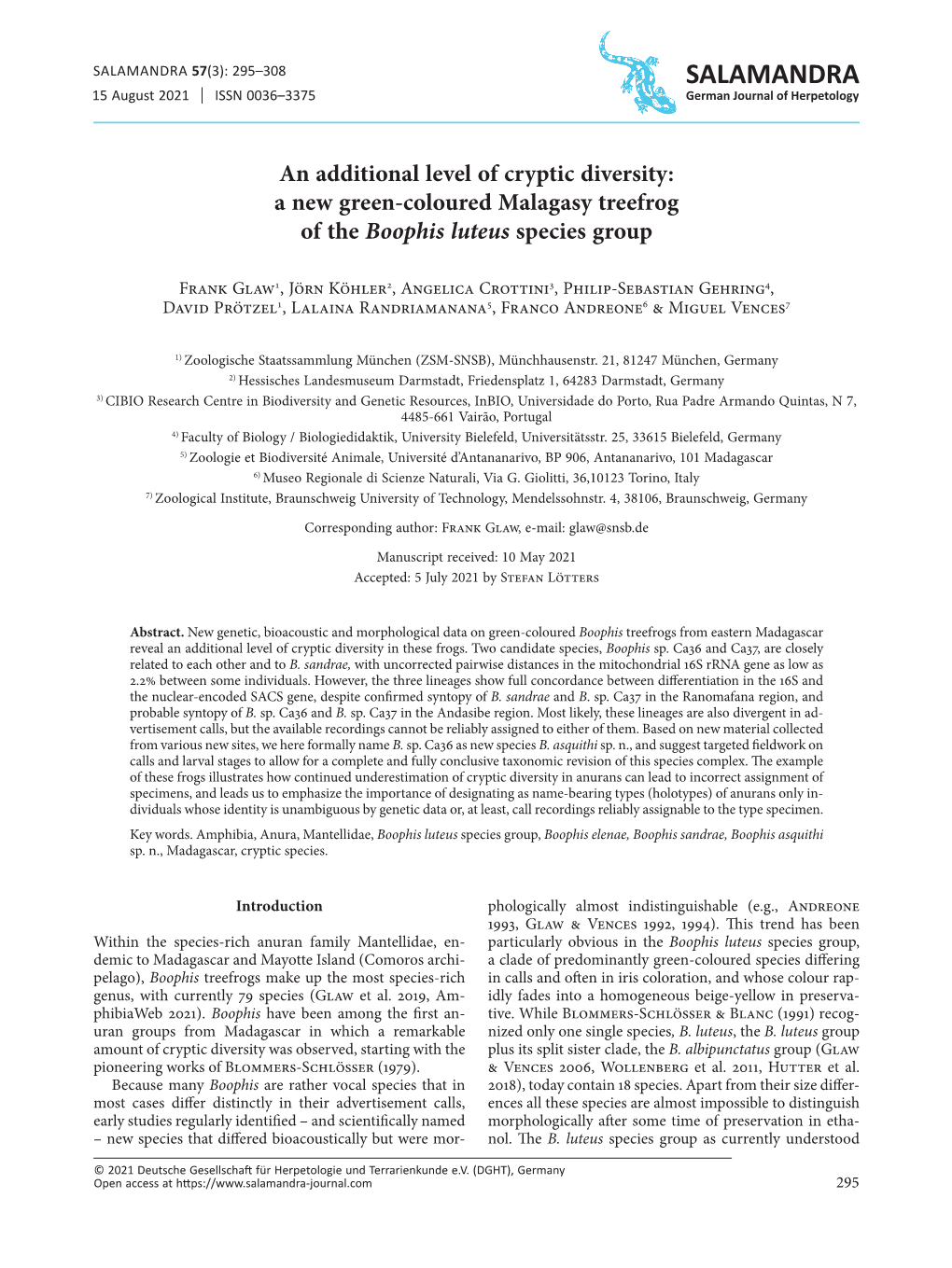 An Additional Level of Cryptic Diversity: a New Green-Coloured Malagasy Treefrog of the Boophis Luteus Species Group