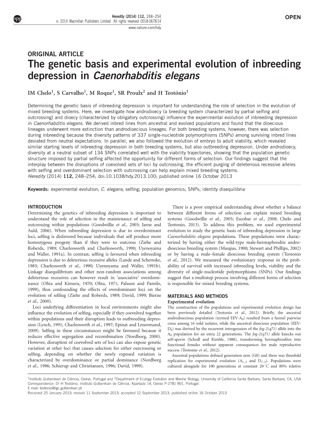The Genetic Basis and Experimental Evolution of Inbreeding Depression in Caenorhabditis Elegans