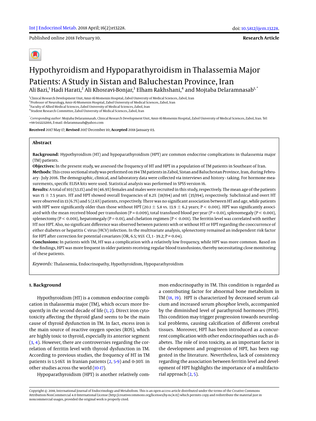 Hypothyroidism and Hypoparathyroidism in Thalassemia Major Patients