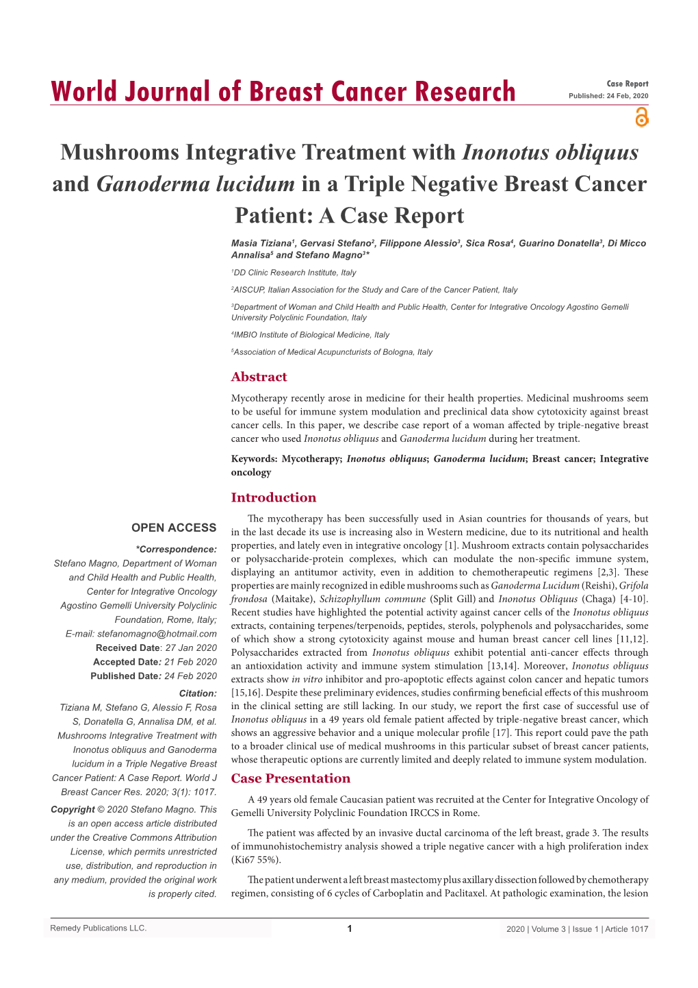 World Journal of Breast Cancer Research Published: 24 Feb, 2020