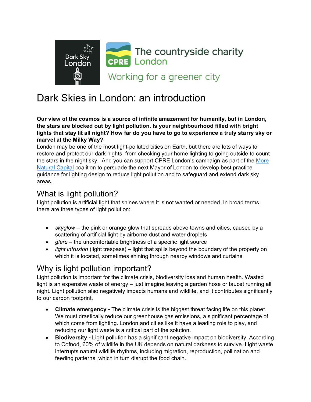 Dark Skies in London: an Introduction