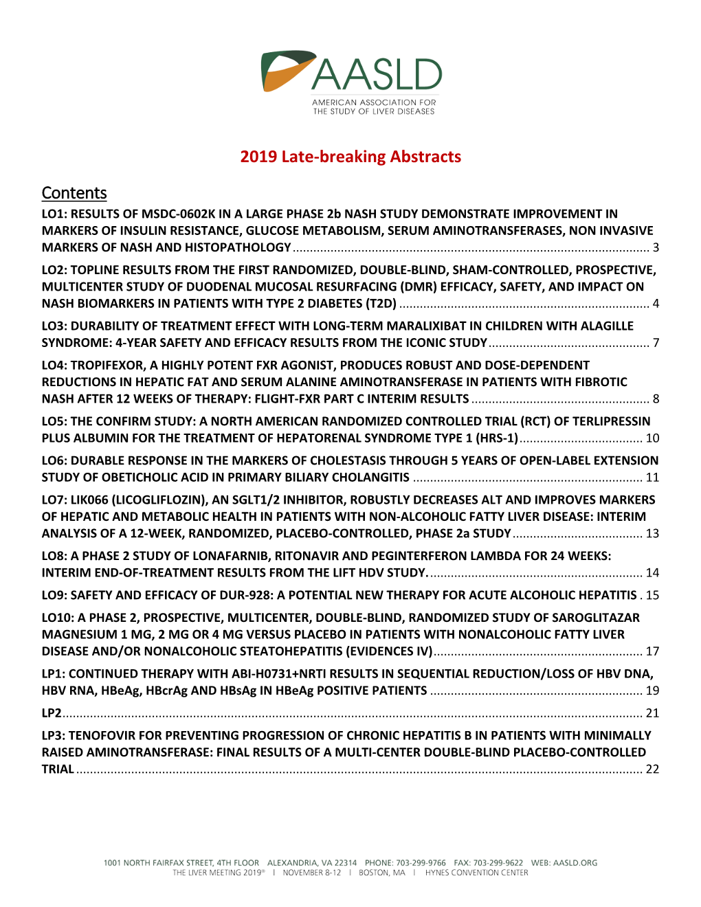 2019 Late-Breaking Abstracts Contents