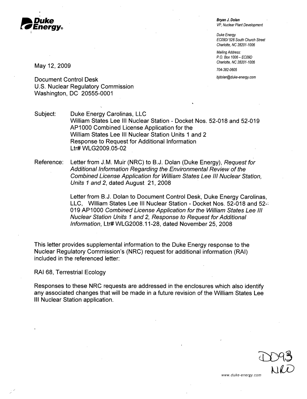 William States Lee III, Units 1 and 2, Response to Request for Additional Information, Ltr# WLG2009.05-02