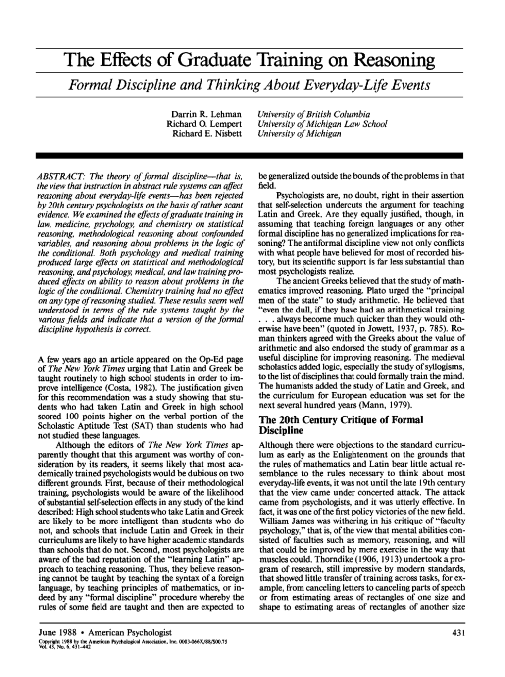 The Effects of Graduate Training on Reasoning Formal Discipline and Thinking About Everyday-Life Events