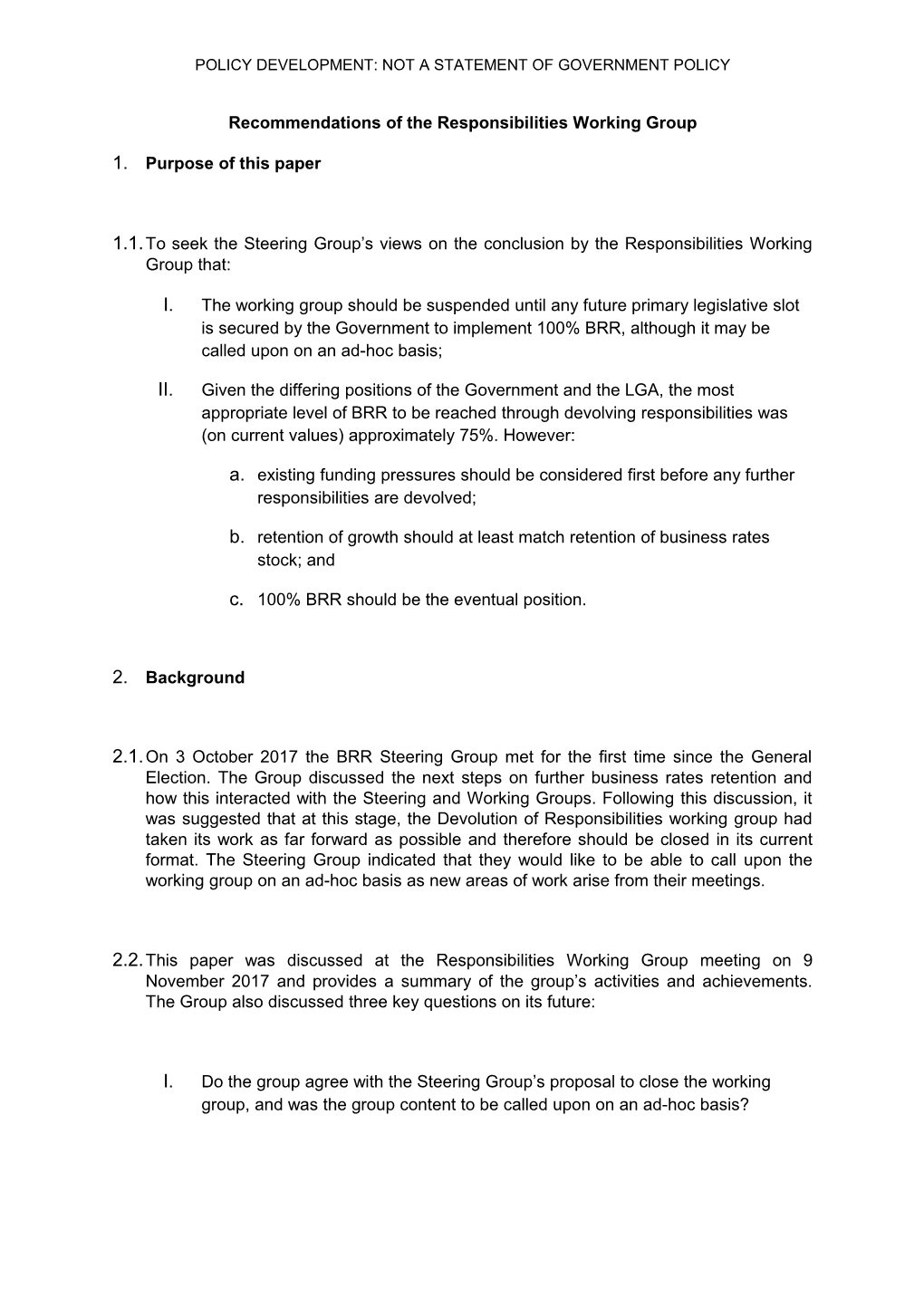 Recommendations of the Responsibilities Working Group