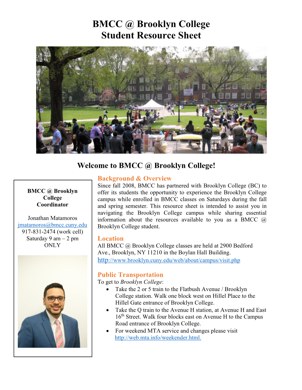 BMCC @ Brooklyn College Student Resource Sheet