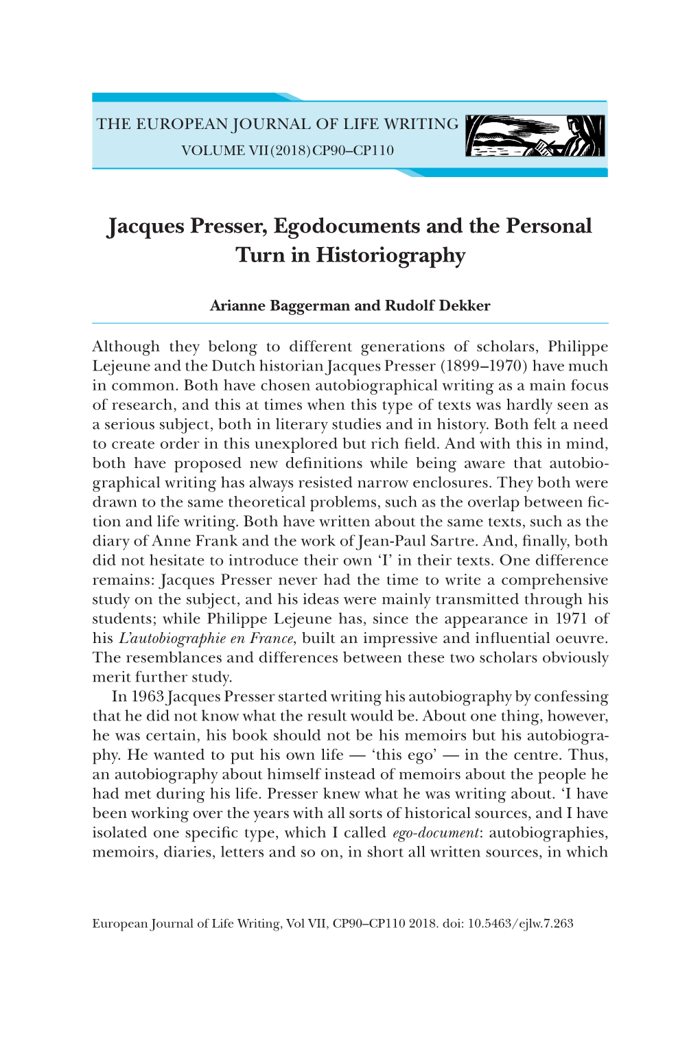 Jacques Presser, Egodocuments and the Personal Turn in Historiography
