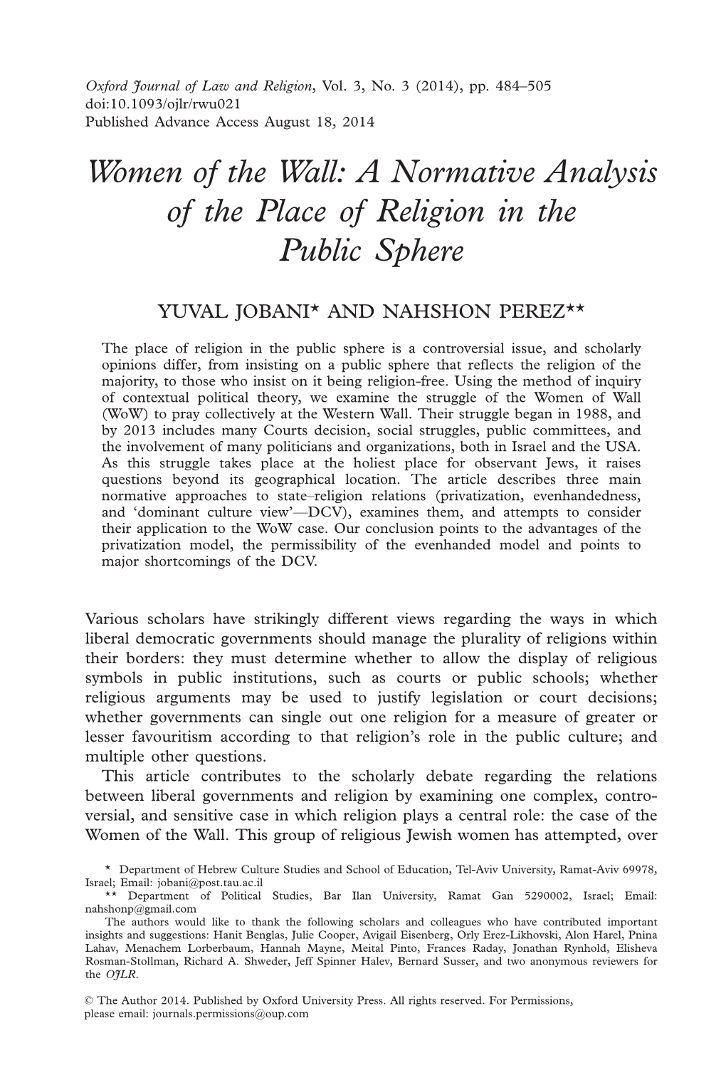 A Normative Analysis of the Place of Religion in the Public Sphere