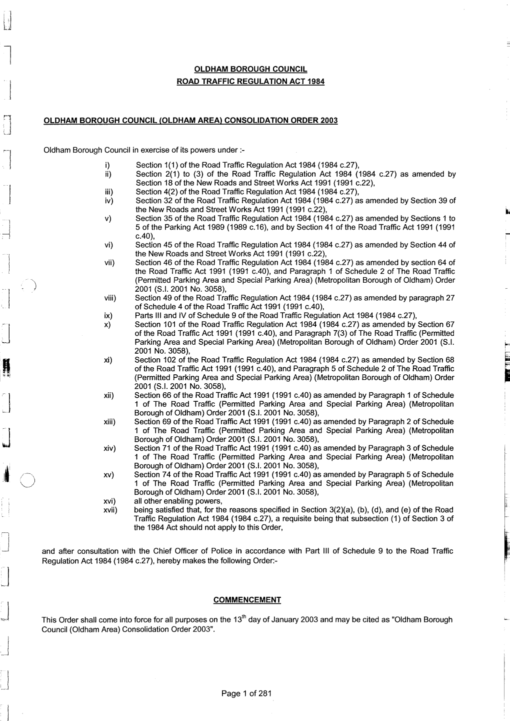 Oldham Borough Council Road Traffic Regulation Act 1984