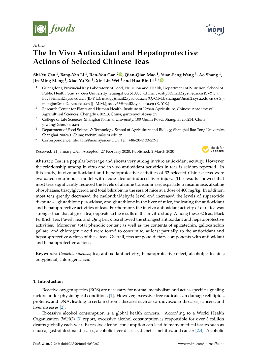 The in Vivo Antioxidant and Hepatoprotective Actions of Selected Chinese Teas