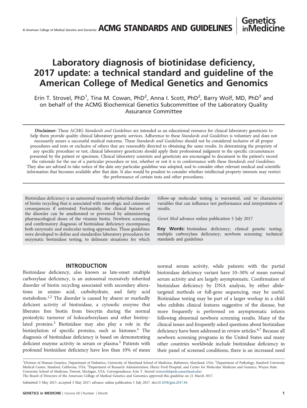 Laboratory Diagnosis of Biotinidase Deficiency, 2017 Update: a Technical Standard and Guideline of the American College of Medical Genetics and Genomics