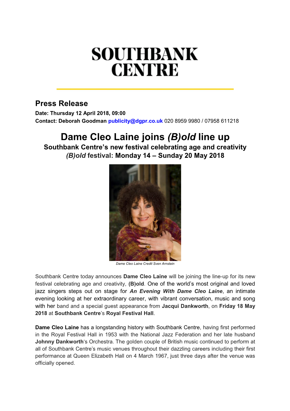 Dame Cleo Laine Joins (B)Old Line up Southbank Centre’S New Festival Celebrating Age and Creativity
