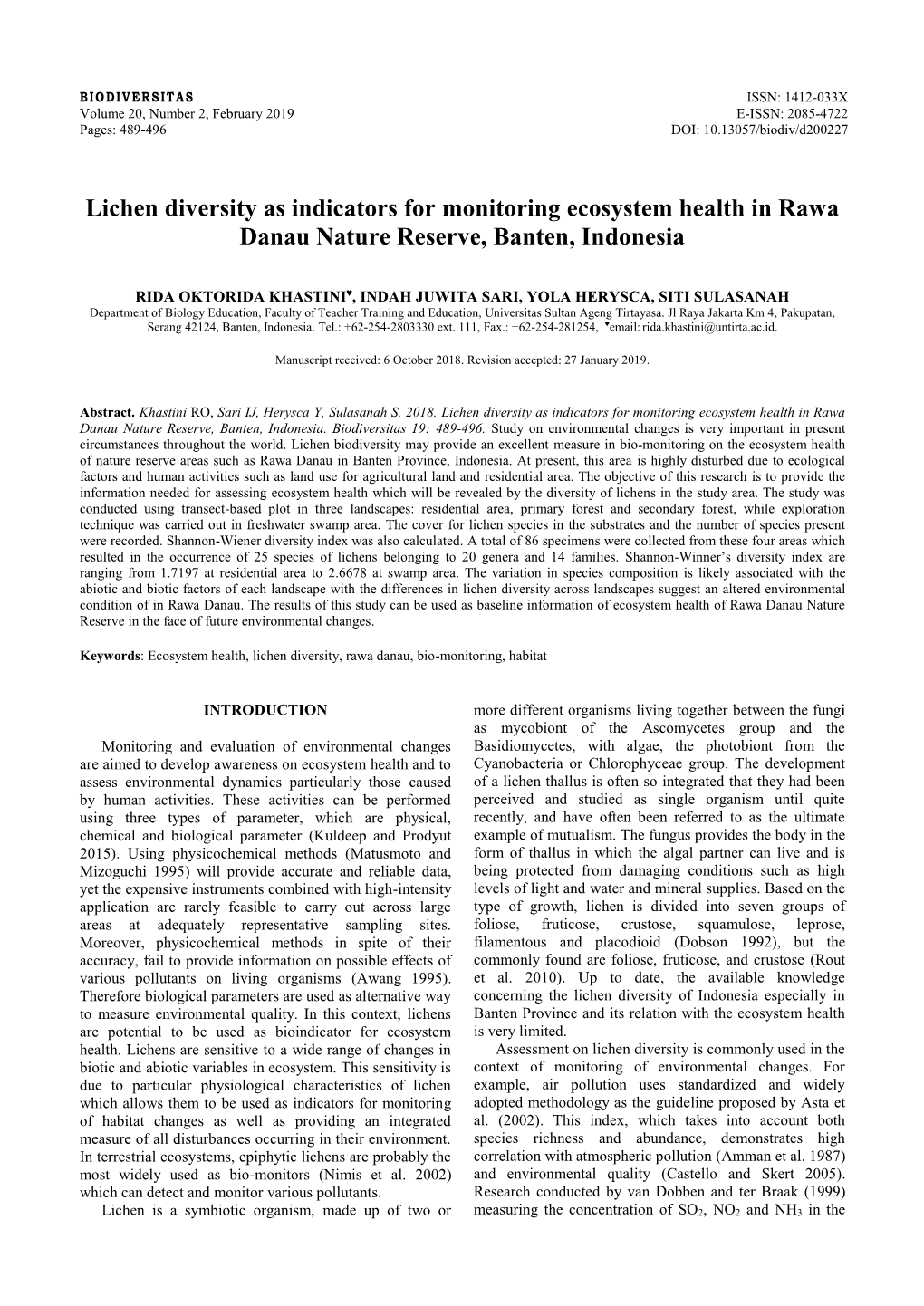 Lichen Diversity As Indicators for Monitoring Ecosystem Health in Rawa Danau Nature Reserve, Banten, Indonesia