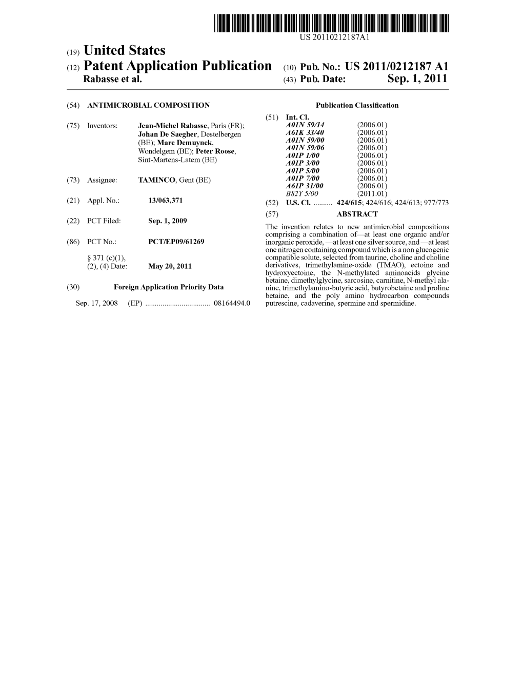 (12) Patent Application Publication (10) Pub. No.: US 2011/0212.187 A1 Rabasse Et Al