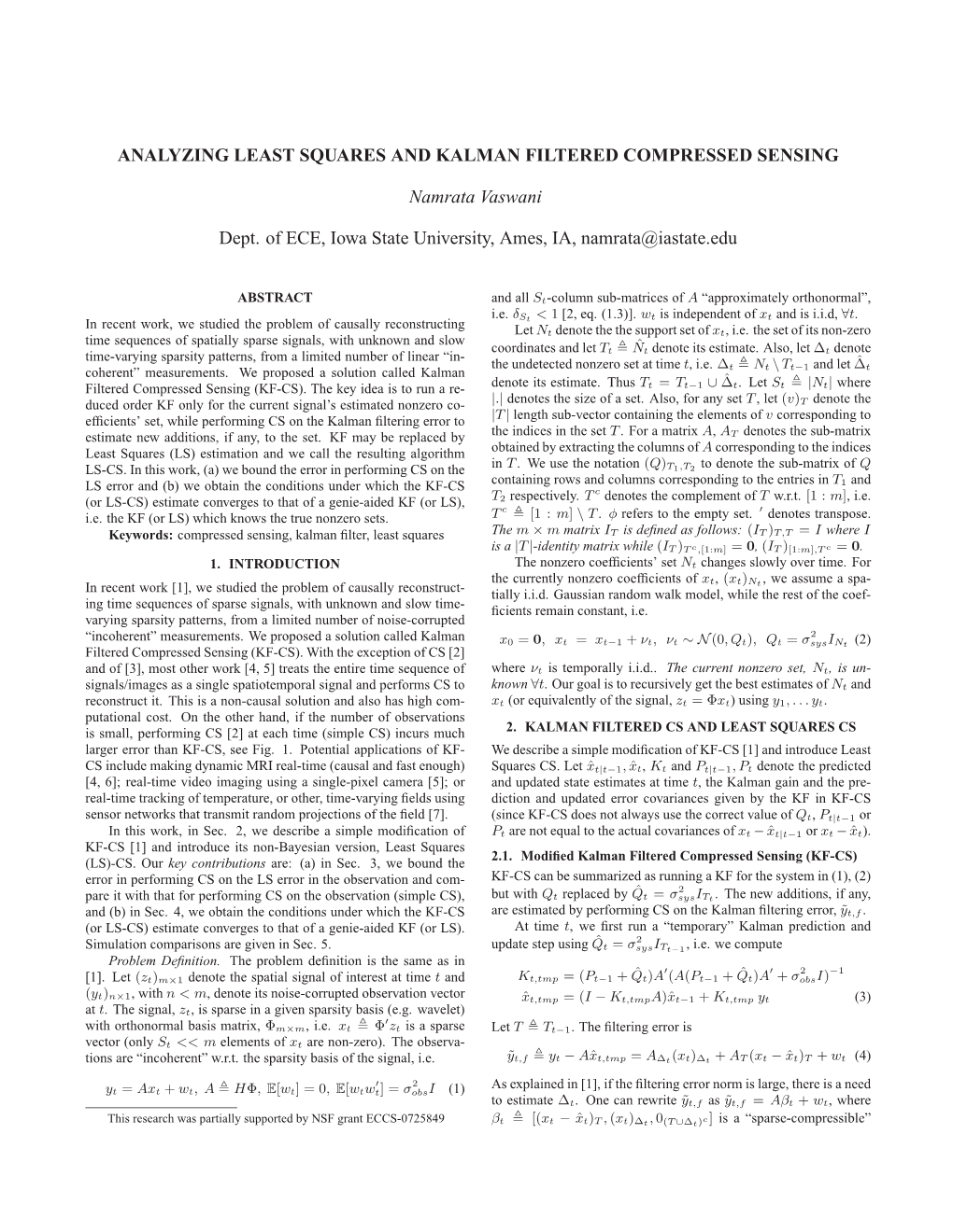 Analyzing Least Squares and Kalman Filtered Compressed Sensing