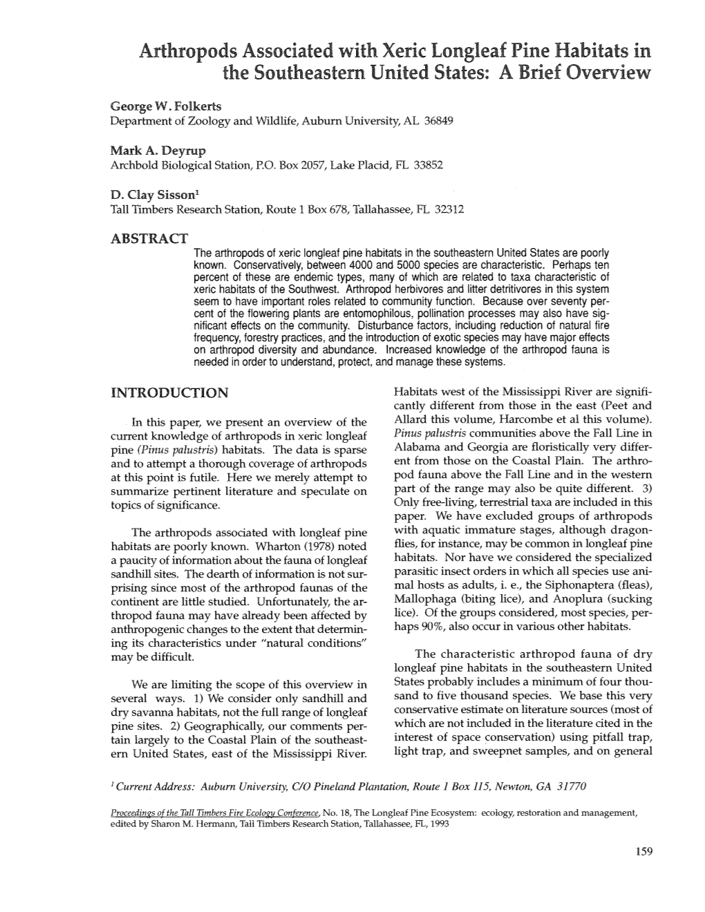 Arthropods Associated with Xeric Longleaf Pine Habitats in the Southeastern United States: a Brief Overview