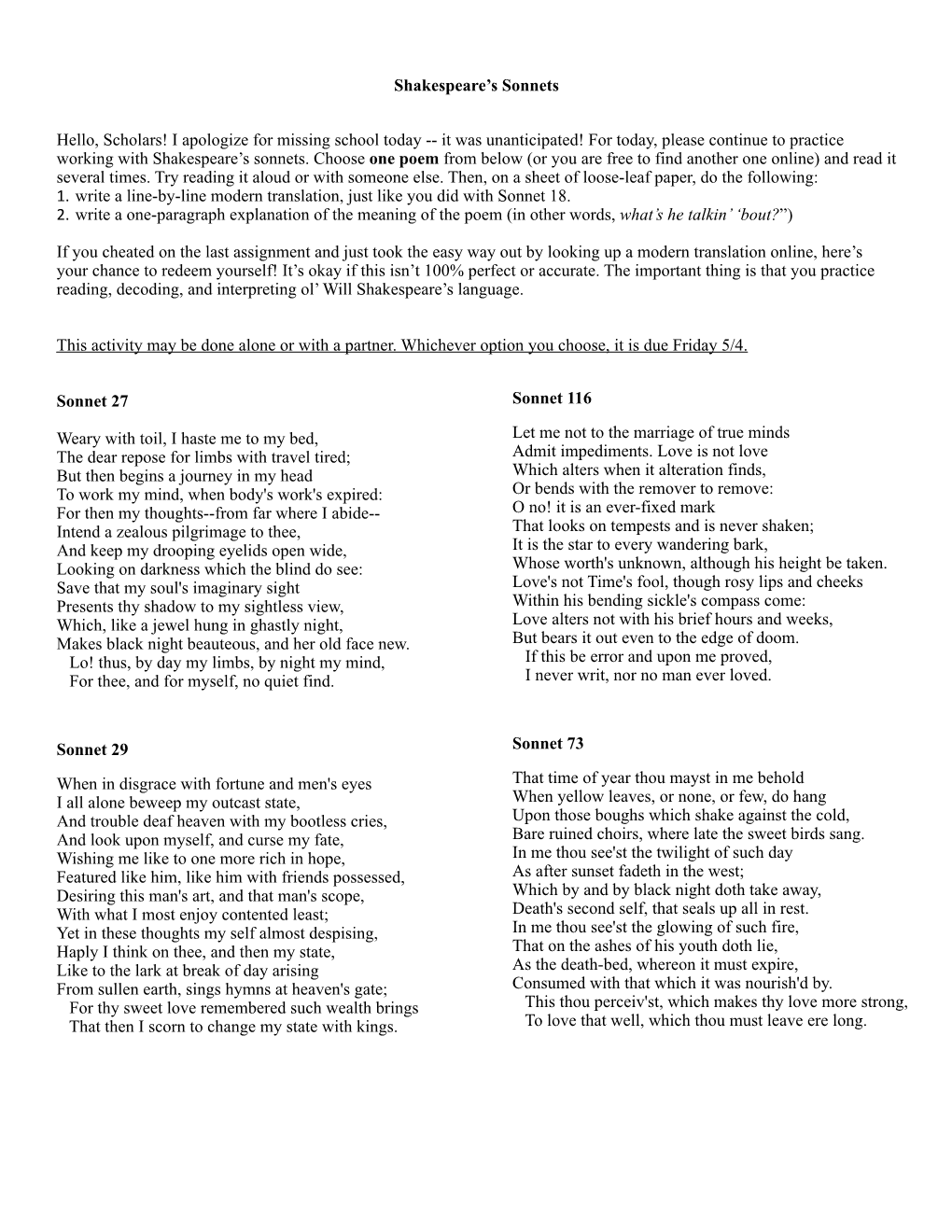 Sonnet Worksheet