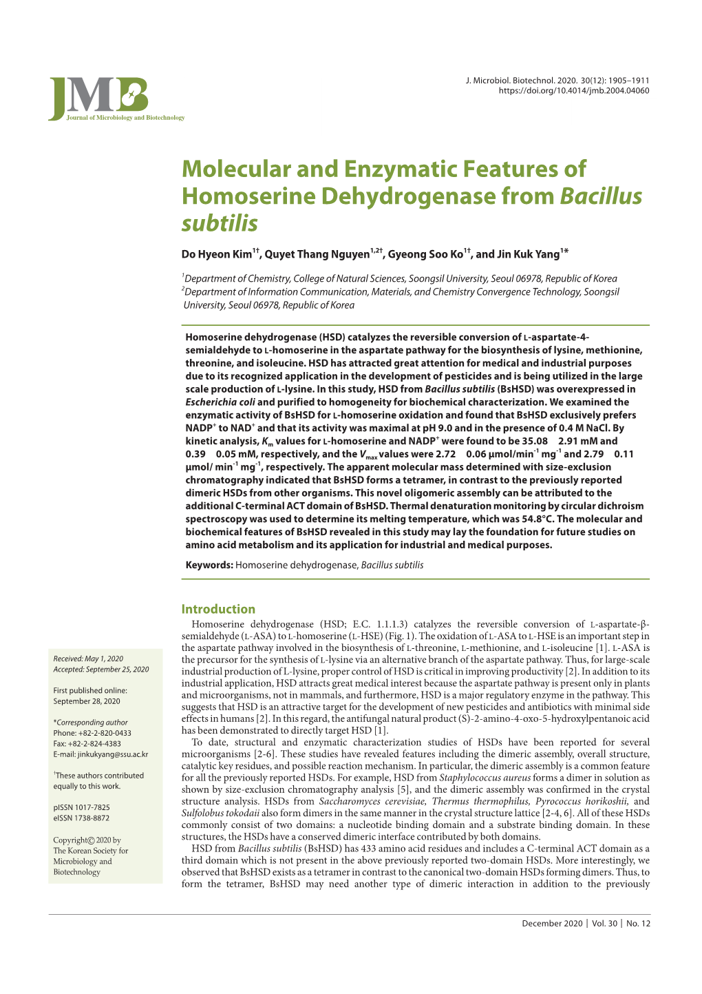 Molecular and Enzymatic Features of Homoserine Dehydrogenase from Bacillus Subtilis