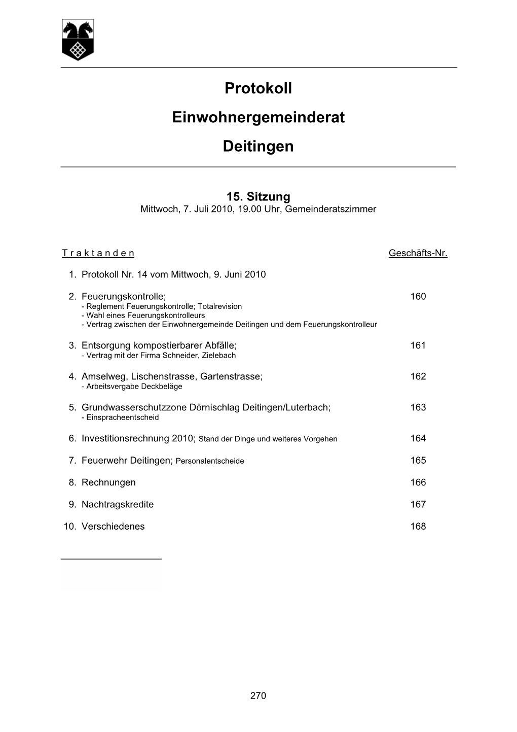 Protokoll Einwohnergemeinderat Deitingen