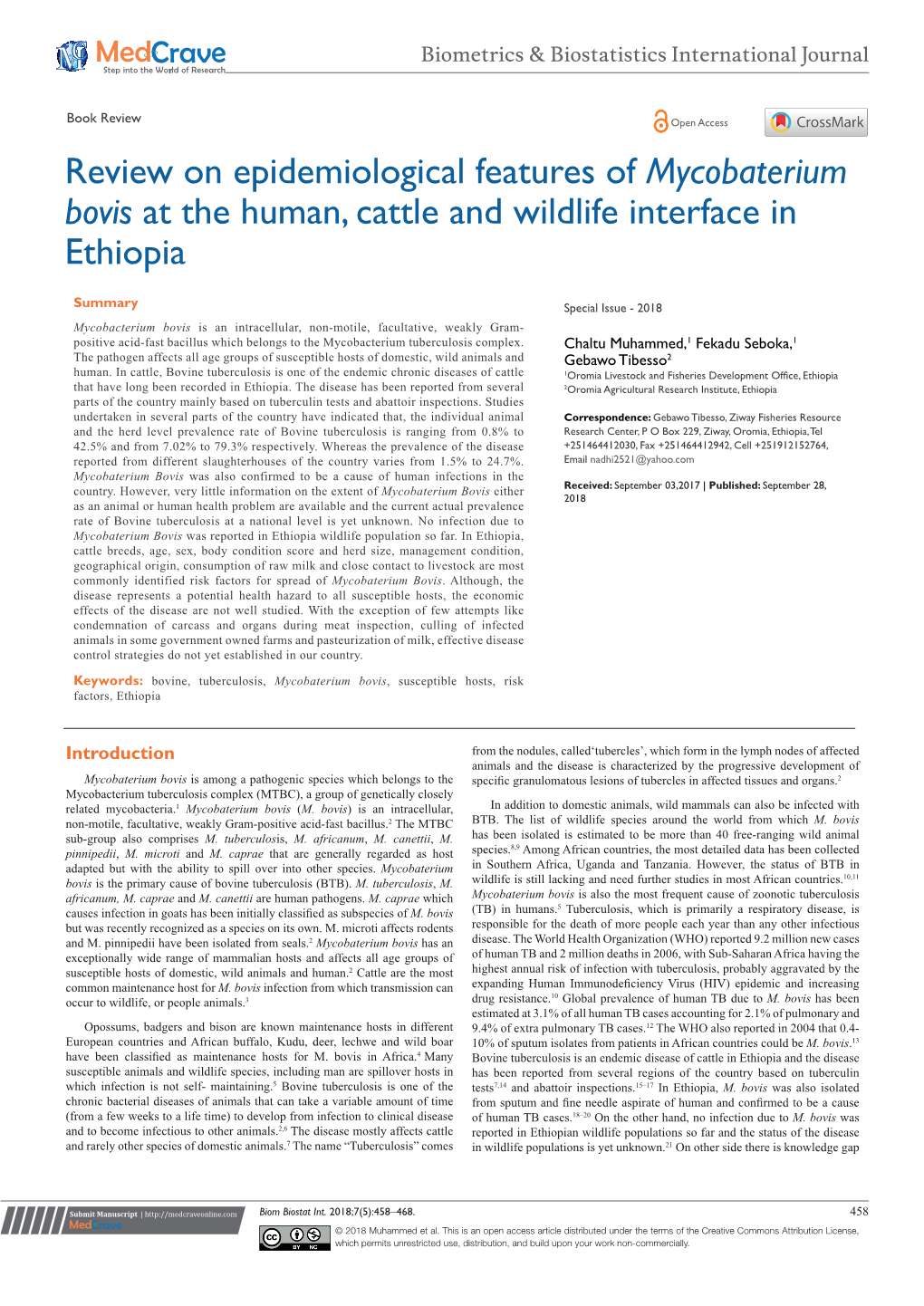 Review on Epidemiological Features of Mycobaterium Bovis at the Human, Cattle and Wildlife Interface in Ethiopia