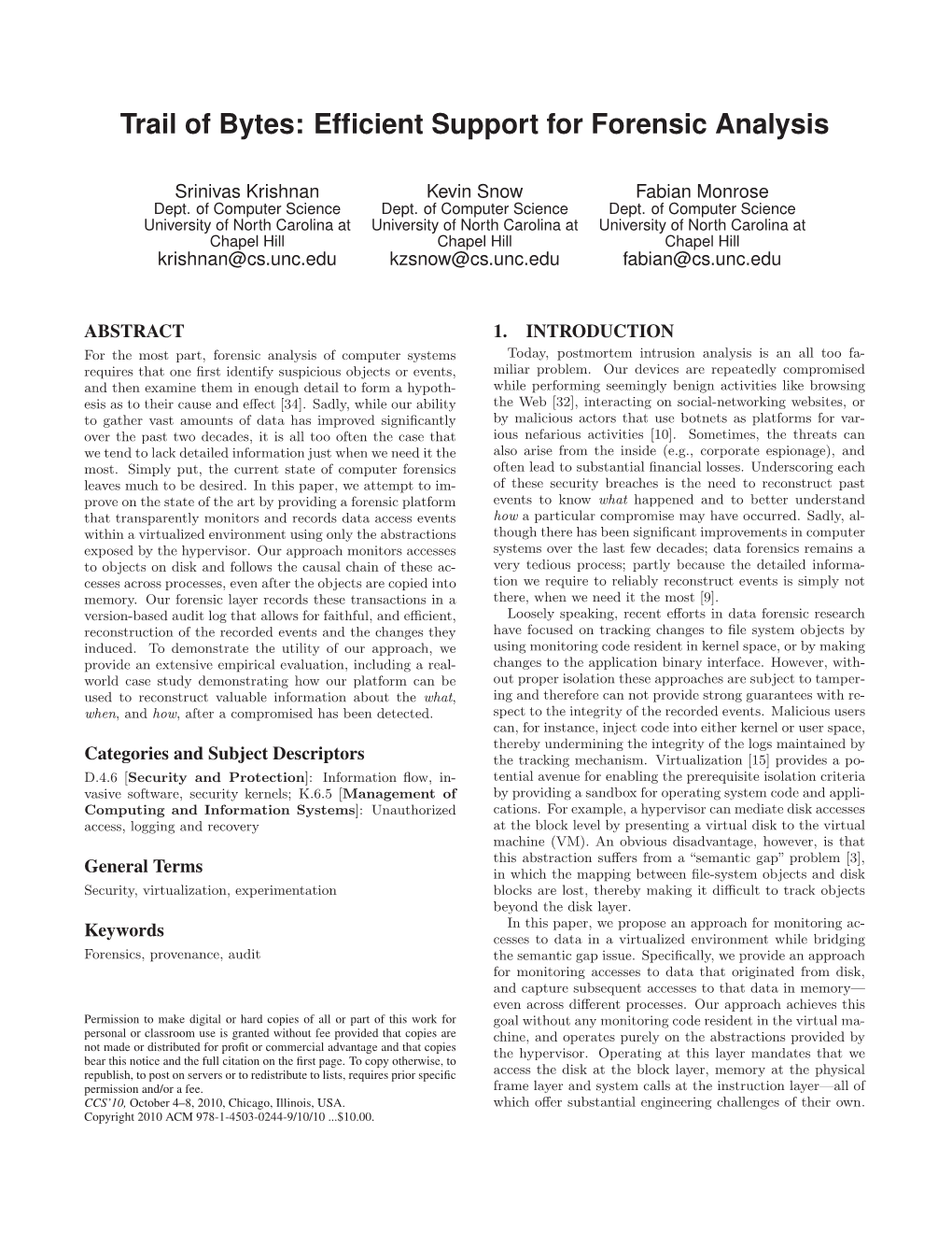 Trail of Bytes: Efficient Support for Forensic Analysis