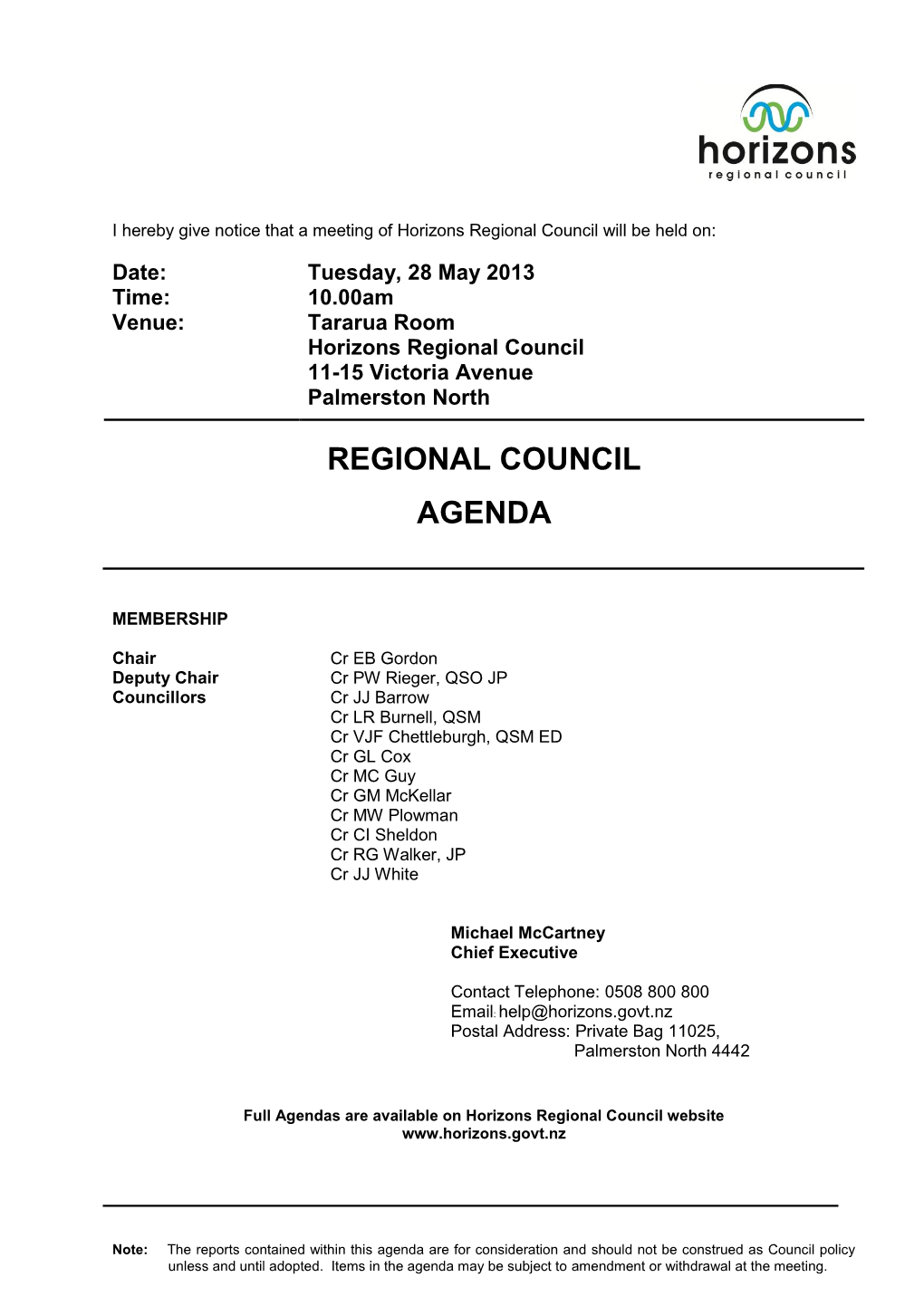 Agenda of Regional Council