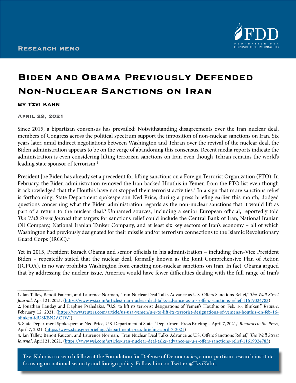Biden and Obama Previously Defended Non-Nuclear Sanctions on Iran by Tzvi Kahn April 29, 2021