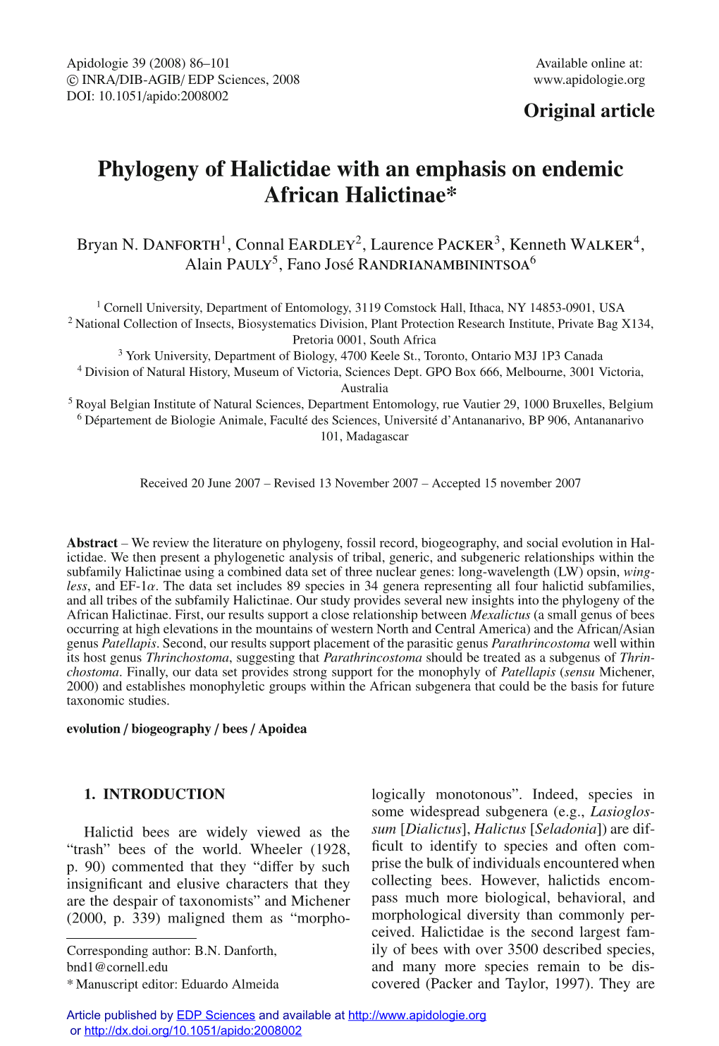 Phylogeny of Halictidae with an Emphasis on Endemic African Halictinae*