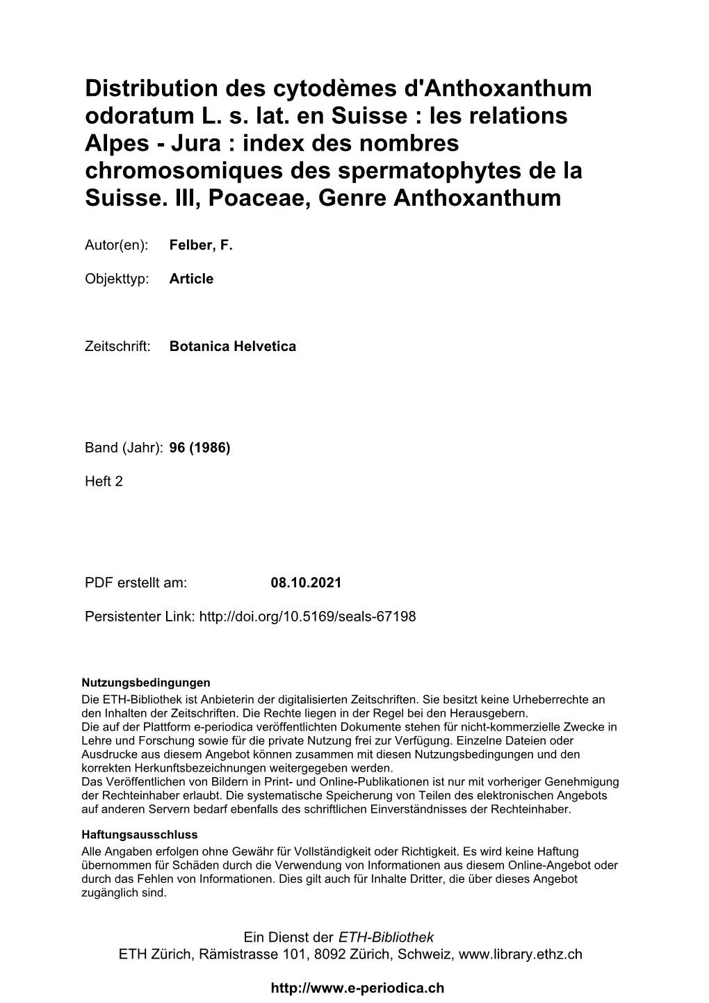 Distribution Des Cytodèmes D'anthoxanthum Odoratum L. S. Lat
