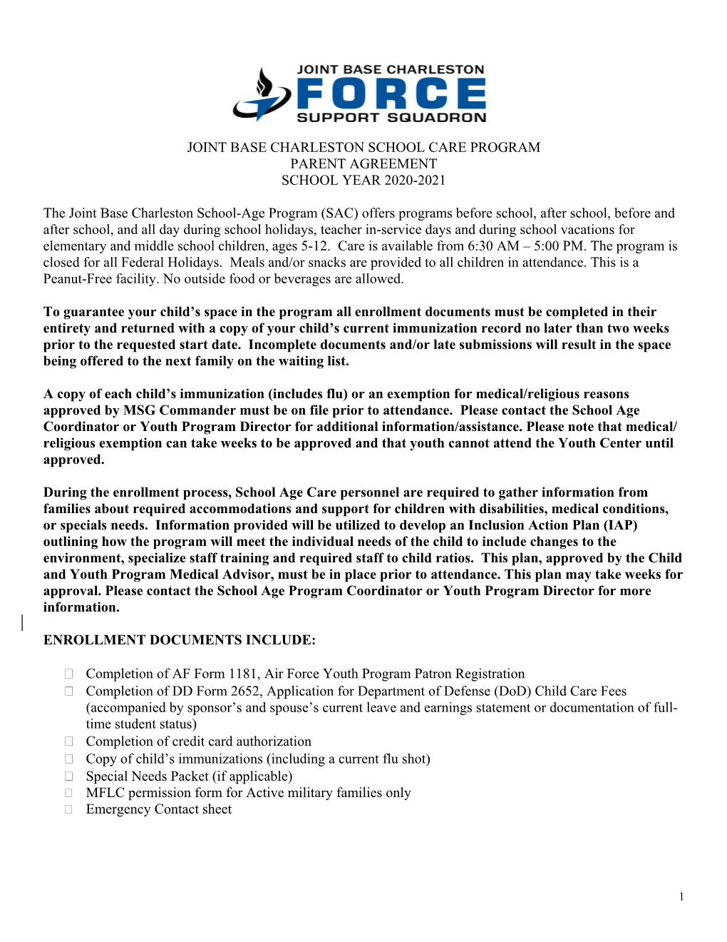 Joint Base Charleston School Care Program Parent Agreement School Year 2020-2021