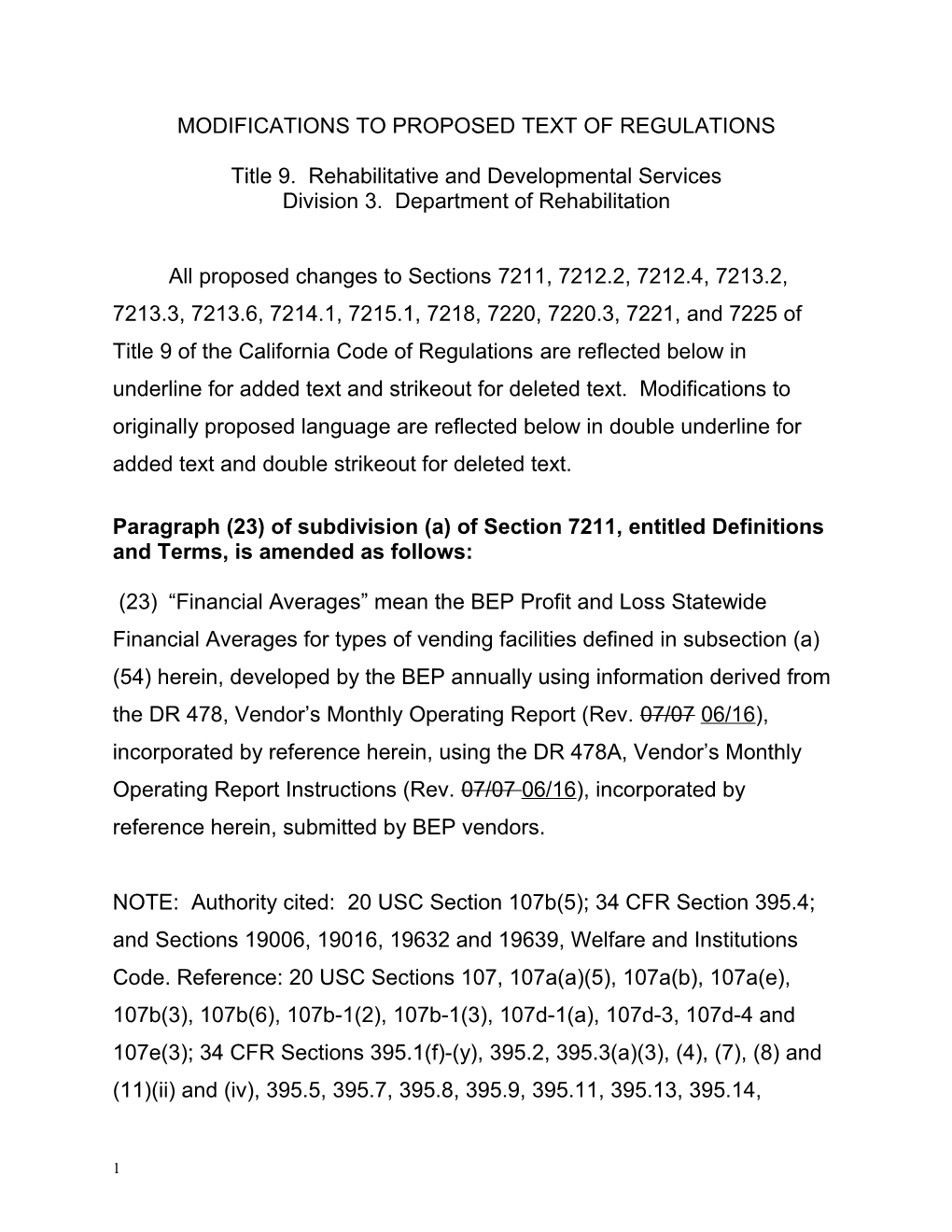 Modifications to Proposed Text of Regulations