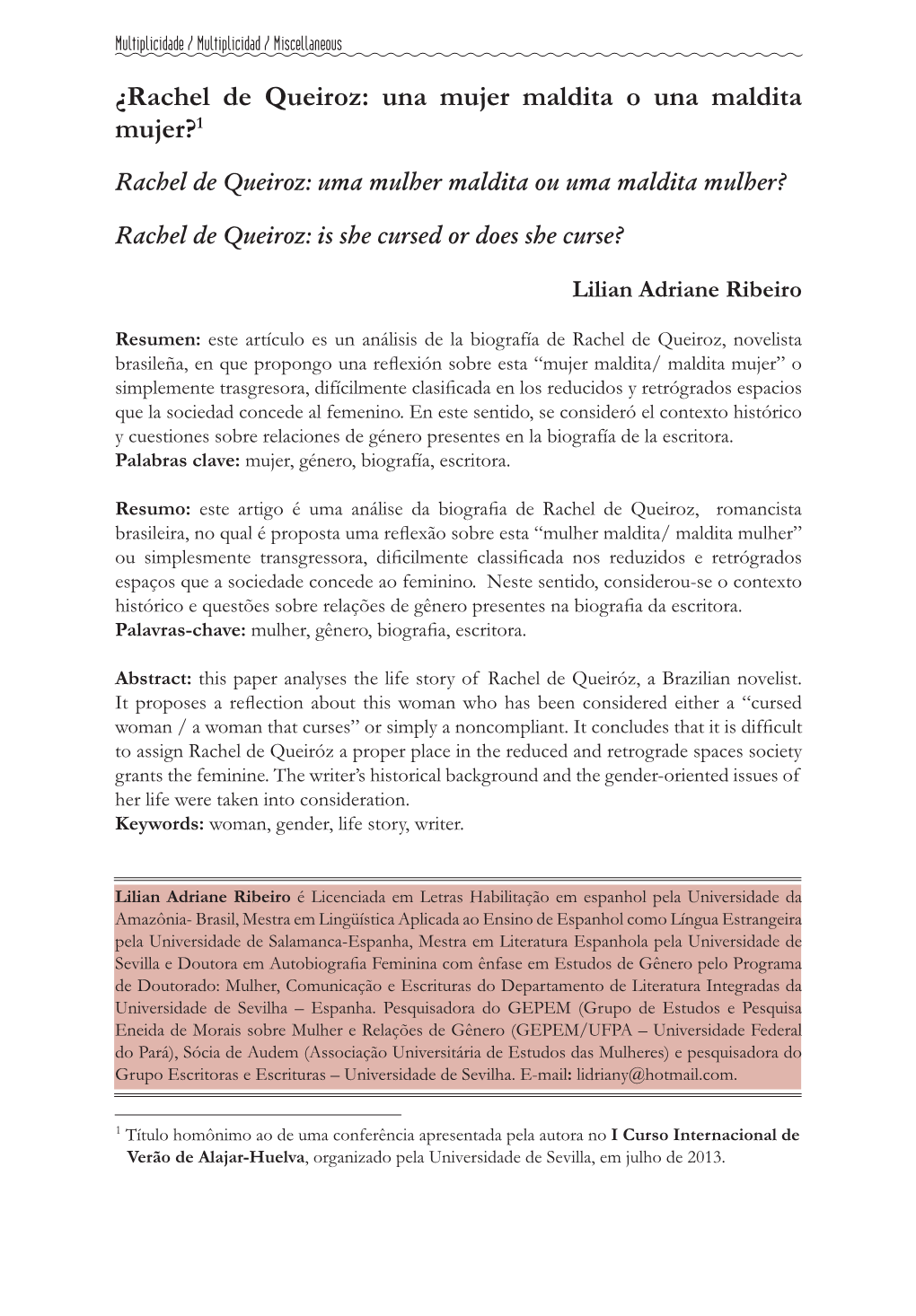 ¿Rachel De Queiroz: Una Mujer Maldita O Una Maldita Mujer?1