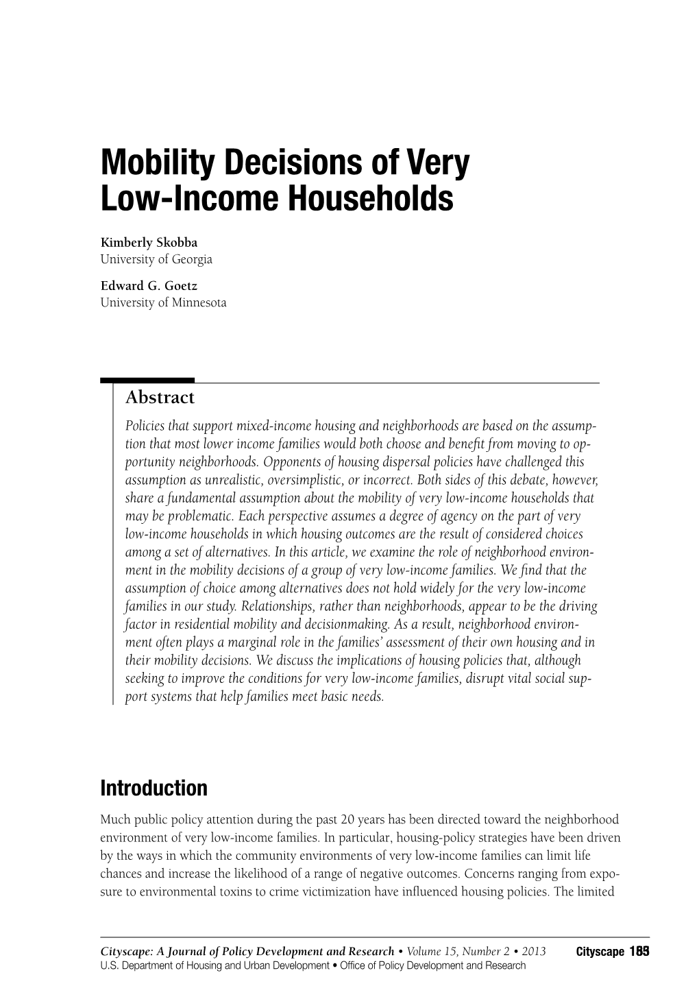 Mobility Decisions of Very Low-Income Households