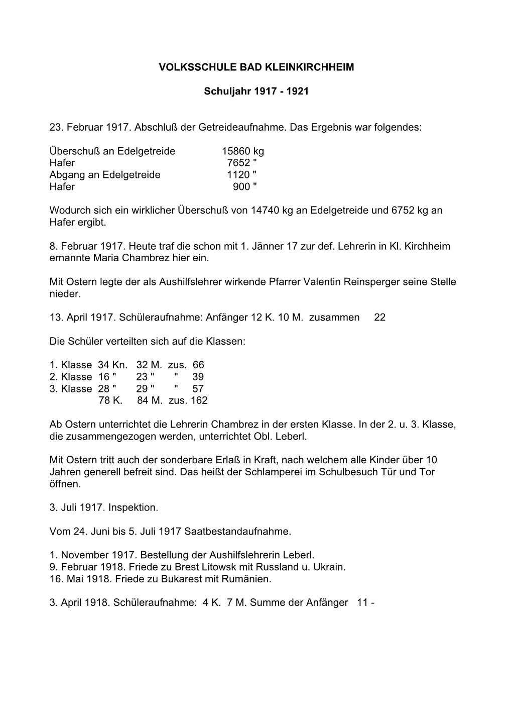 VOLKSSCHULE BAD KLEINKIRCHHEIM Schuljahr 1917