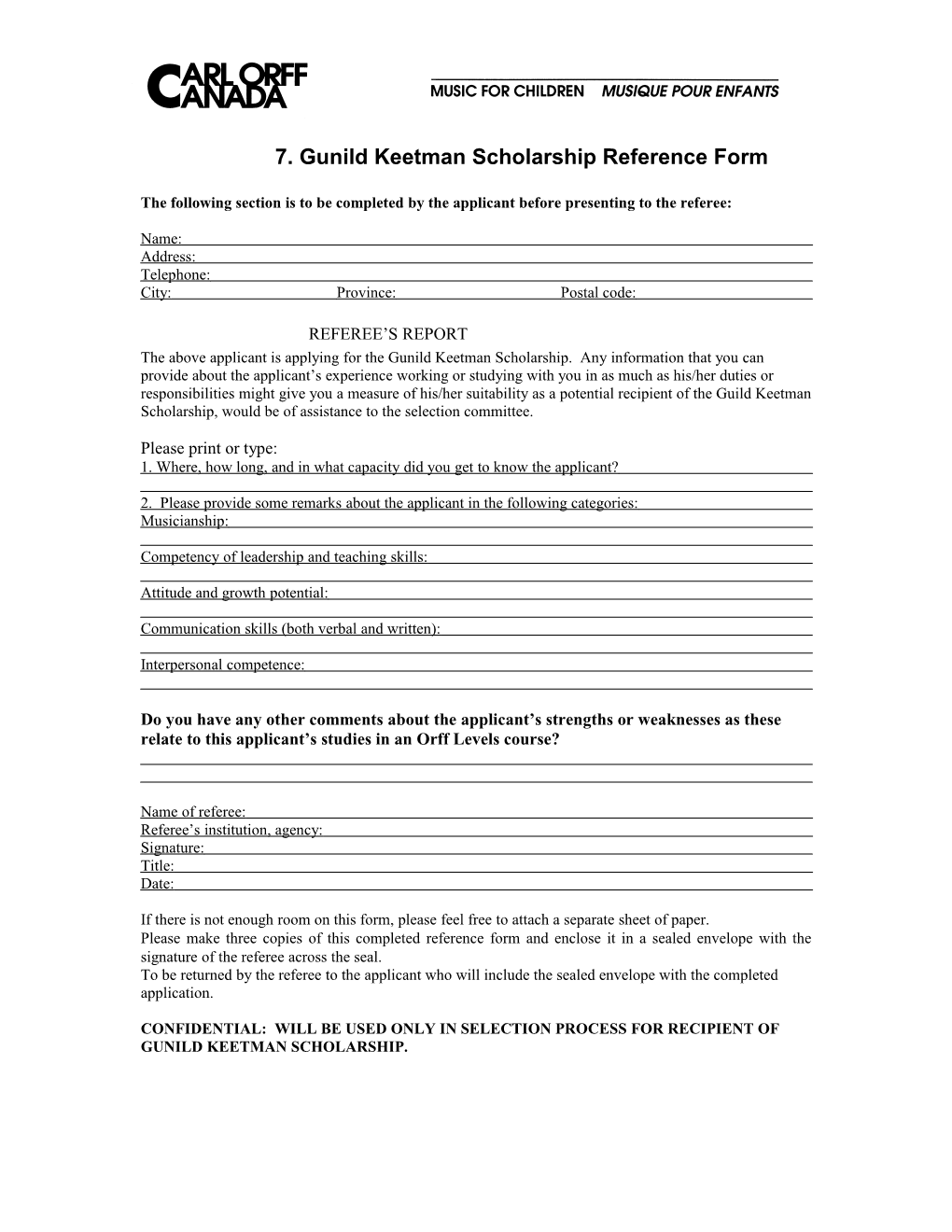 7. Gunild Keetman Scholarship Reference Form