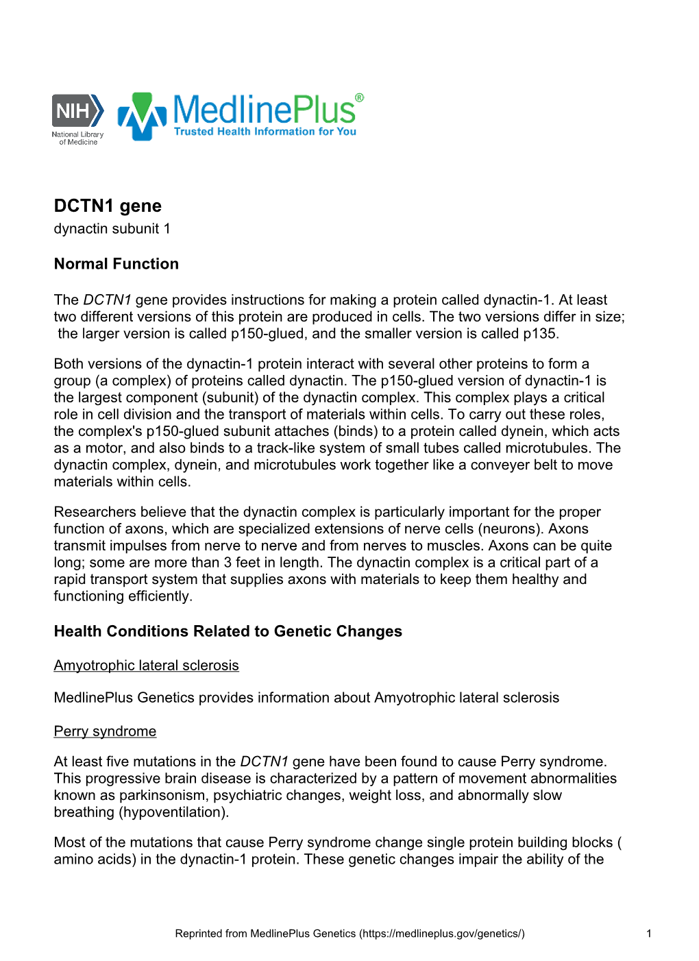 DCTN1 Gene Dynactin Subunit 1